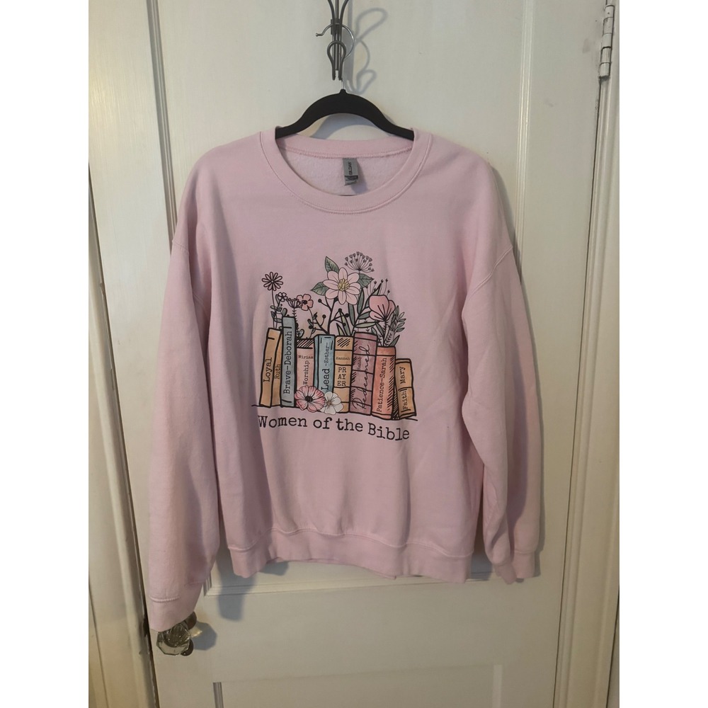 Gildan Heavy Blend Women of the Bible Pink Graphic Sweatshirt Large Floral Books